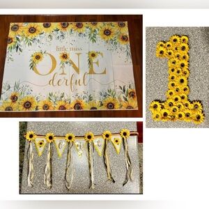 7’x5’ backdrop sunflowers first birthday with #1 sign decor & high chair banner